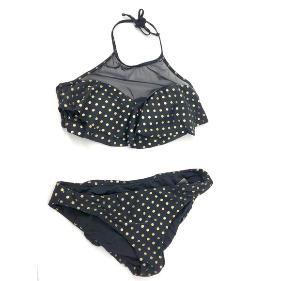 Betsey Johnson Bikini M Polka Dot Black Gold - Picture 1 of 7